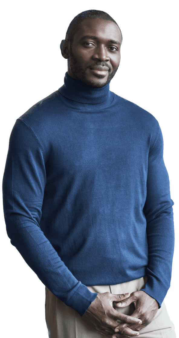 Professional candidate in blue turtleneck